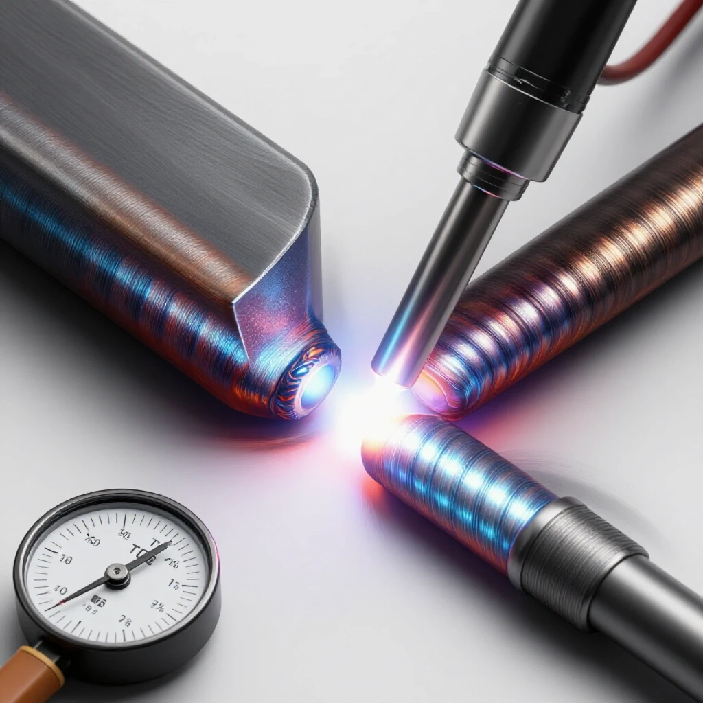 Close-up of contrasting poor and flawless TIG welds, featuring a welding torch and gauge for troubleshooting emphasis.