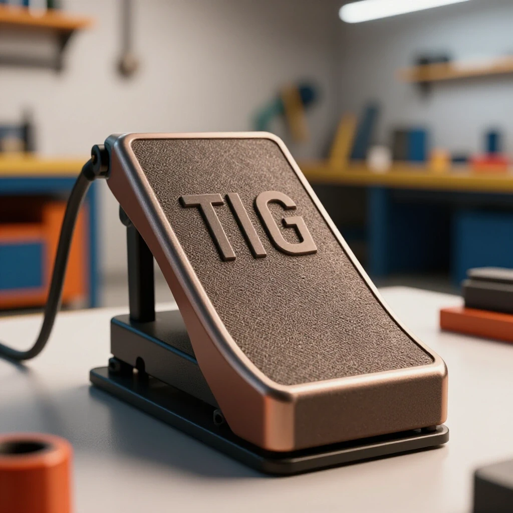 Close-up of a TIG welder foot pedal set in a bright workshop background, highlighting DIY troubleshooting aspects.