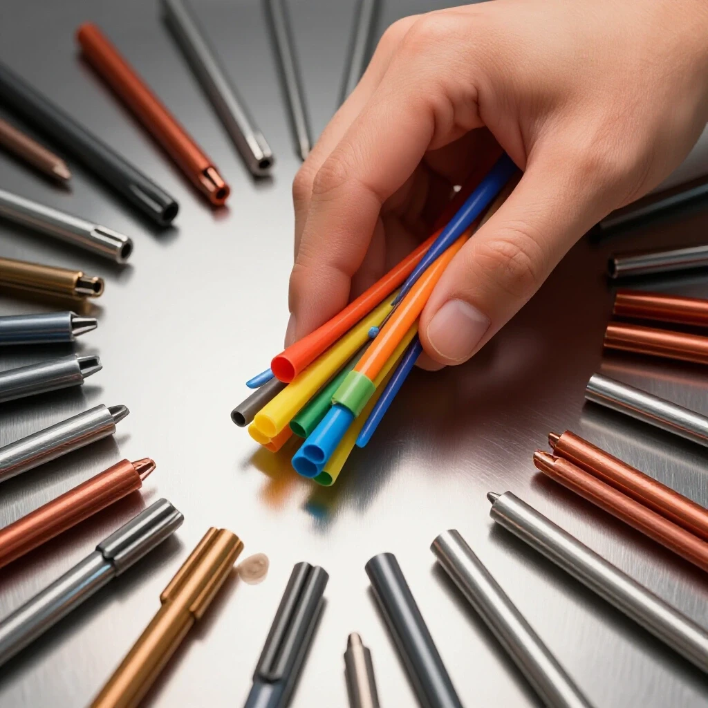 A close-up of a hand selecting colorful TIG welding filler rods above a reflective metallic surface, showcasing texture and precision.