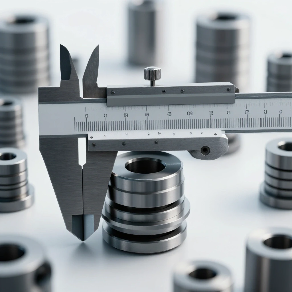 A precision caliper measuring stacked metal parts with misaligned components in the background, showcasing accuracy versus error.