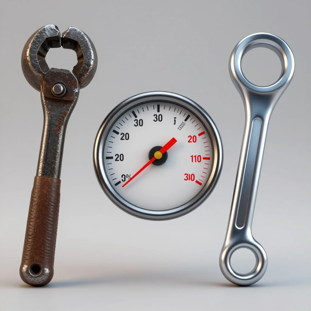 Comparison of an old worn-out metalworking tool and a new modern tool featuring a performance gauge in between.