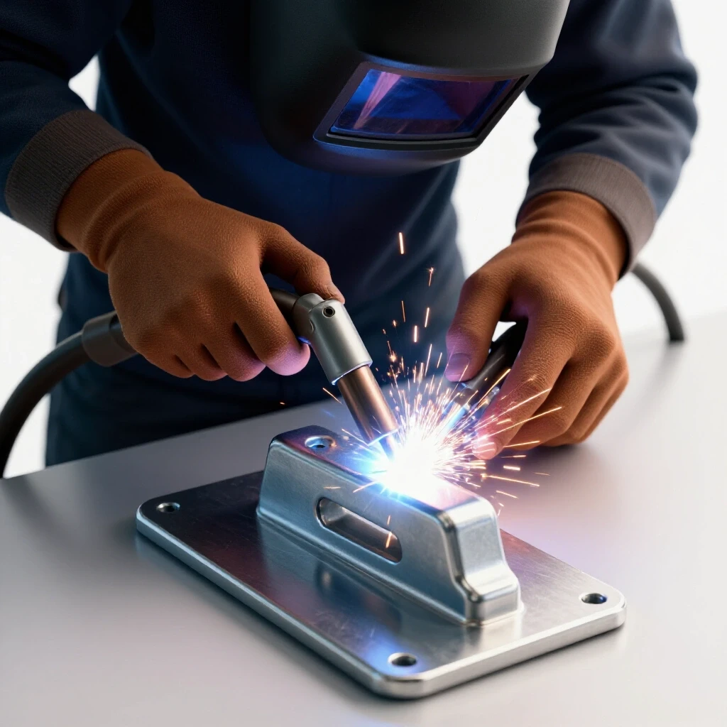 A welder's hands guiding a welding torch towards a shiny metal trailer hitch receiver plate with sparks flying.