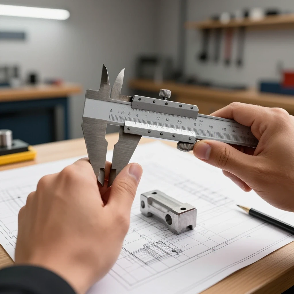 Close-up of a precision caliper above a blueprint of a steel part, with a bright workshop backdrop.
