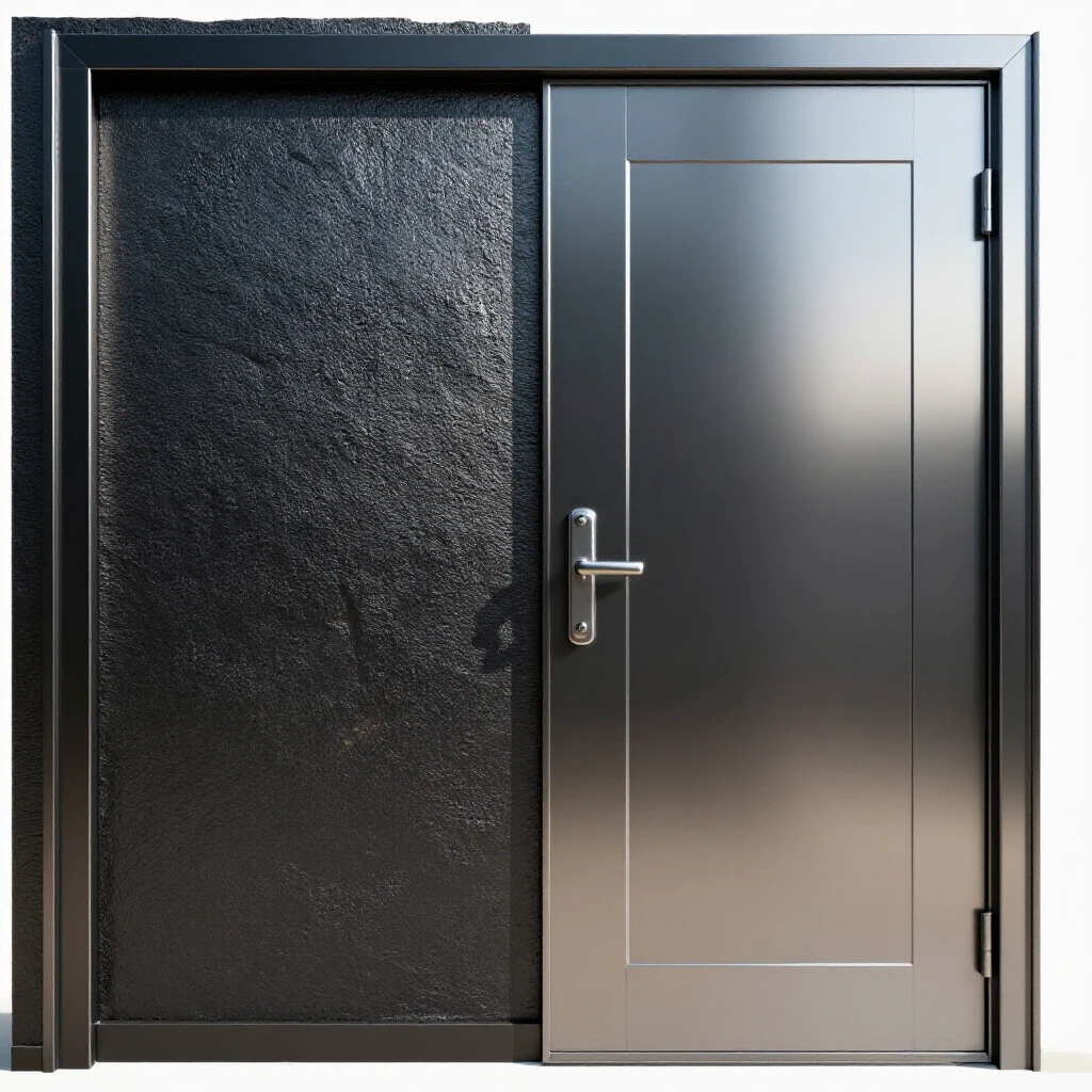 Partially finished metal door with a rough surface on one side and a polished finish on the other, well lit to emphasize textures.