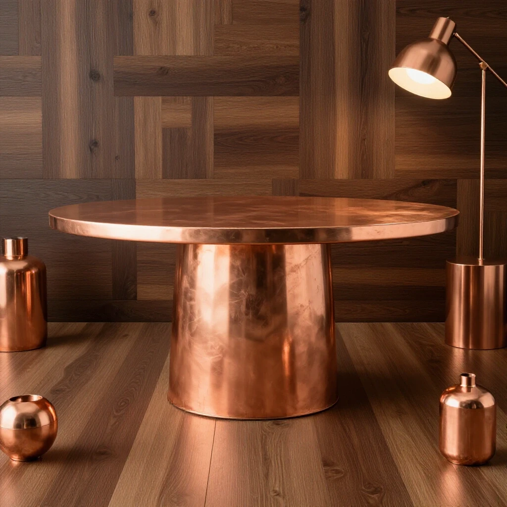 A beautifully crafted architectural copper table surrounded by creative copper elements on a rustic wooden background.