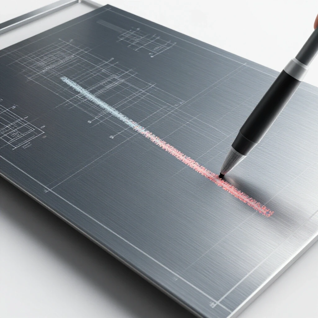 Close-up of a steel sheet with CAD drawings and chalk line marking, representing digital to physical transition.
