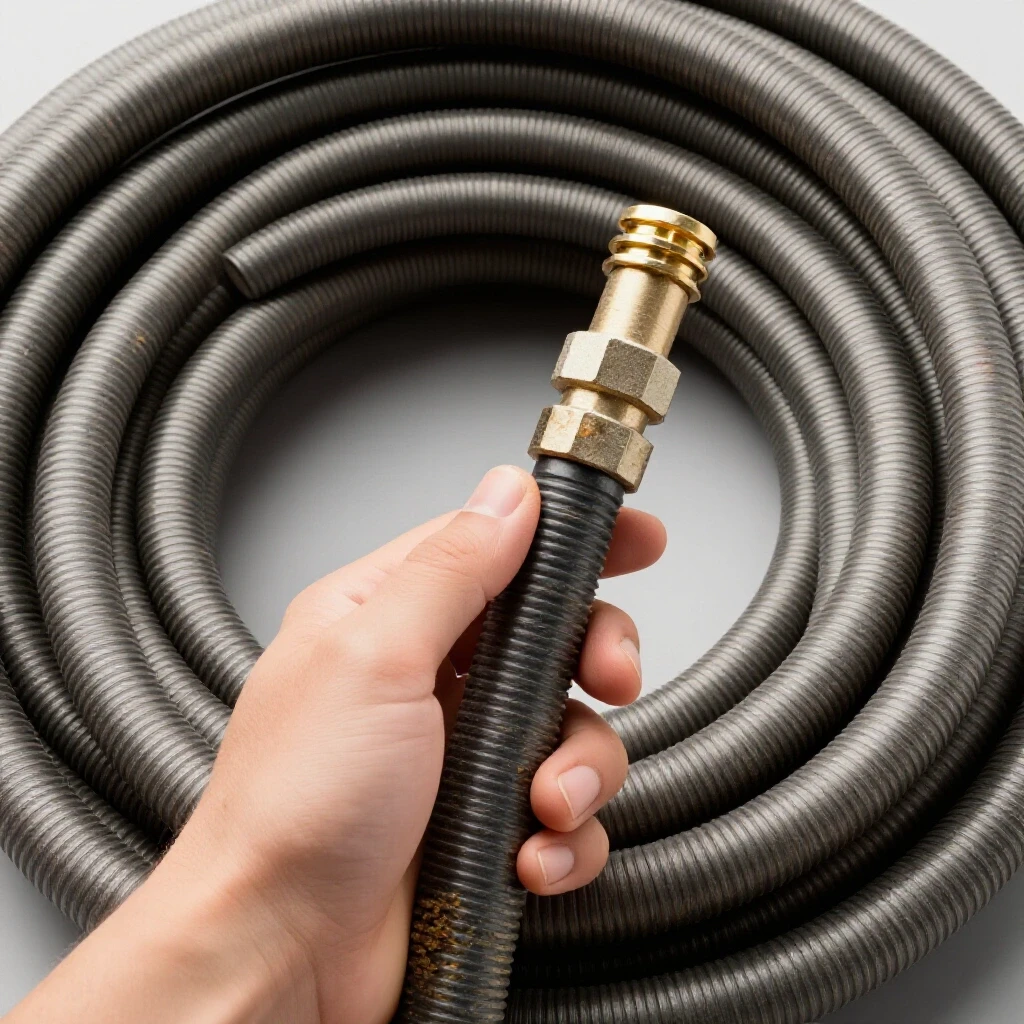 A close-up of a hand inspecting a worn air hose, contrasting with vibrant, well-maintained hoses in the background.