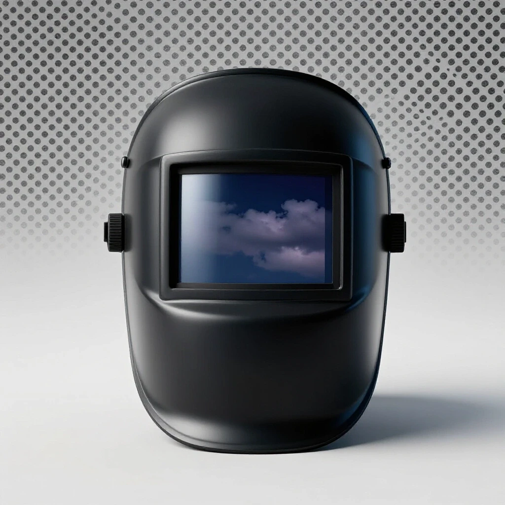 Close-up of a welding helmet showing a bright auto-darkening lens on one side and a dark, cloudy side symbolizing troubleshooting.