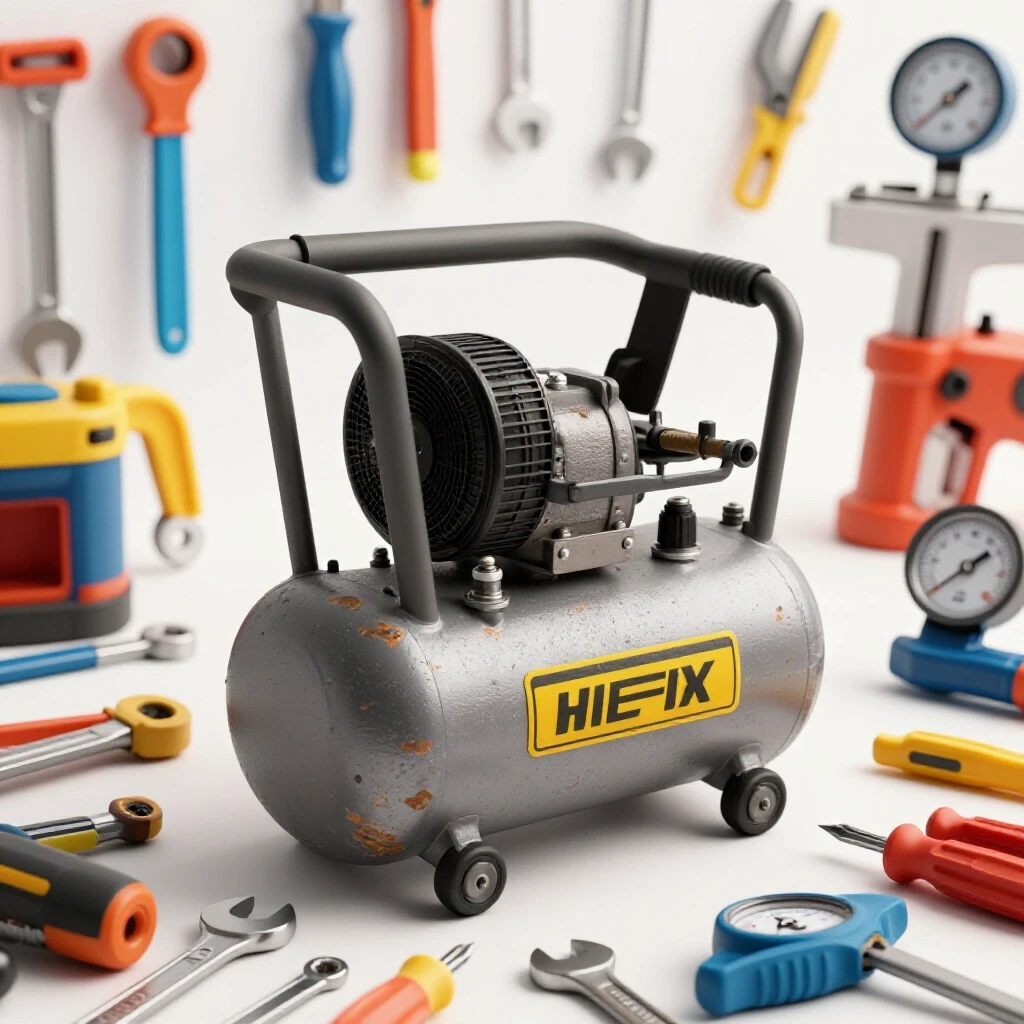 A distressed air compressor surrounded by vibrant tools, illustrating DIY repair empowerment against frustration.