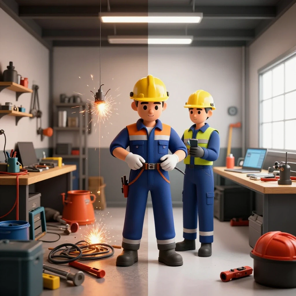 A split scene showing a chaotic garage shop on one side and a calm, organized workspace on the other side, highlighting electrical troubleshooting.