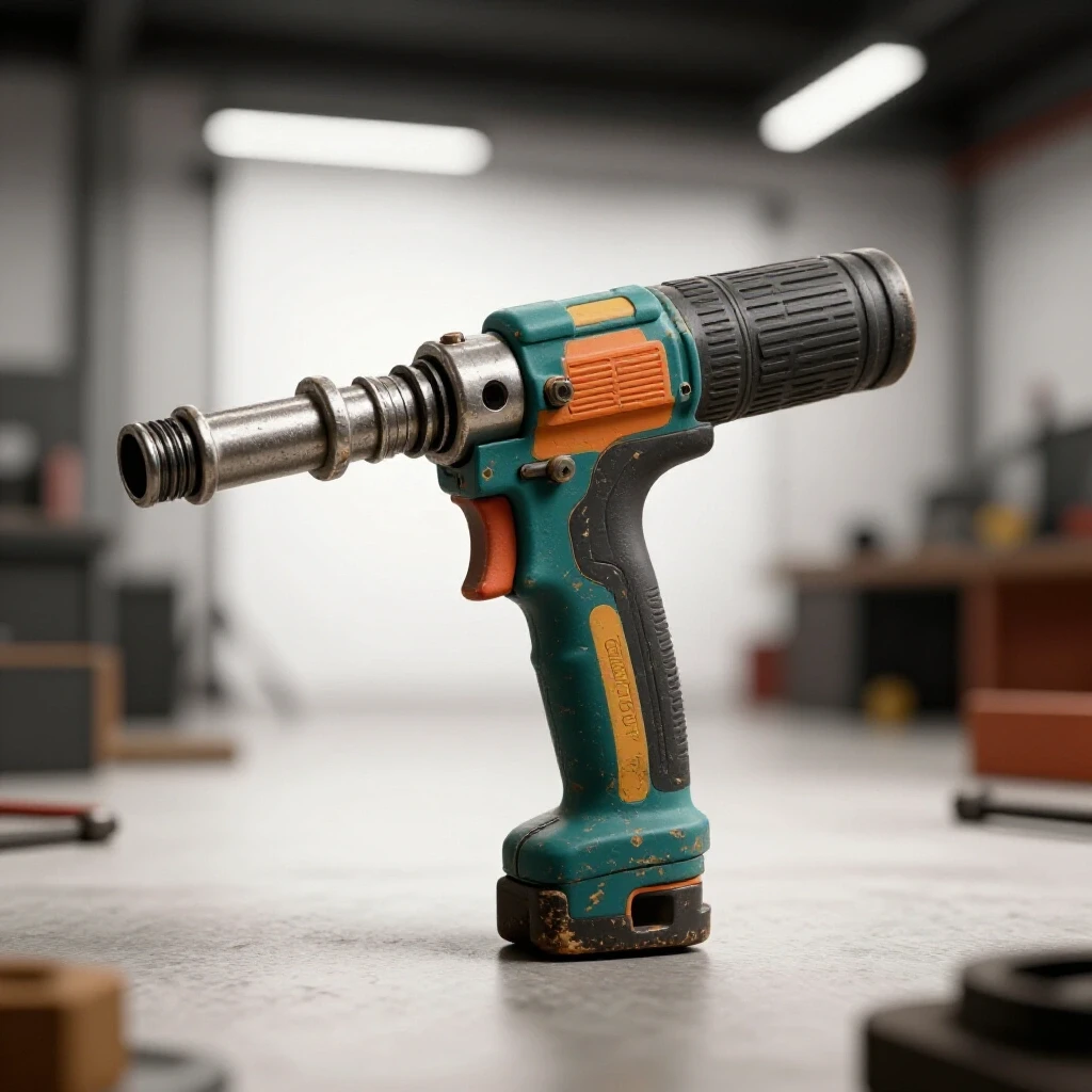 Close-up of a worn air tool highlighting visible air leaks in a well-lit workshop environment.