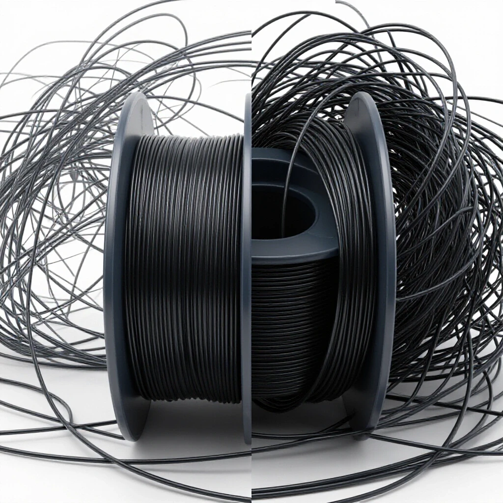 A split-screen image showcasing a neat spool of MIG wire on one side and a chaotic tangle of wire on the other, illustrating wire feed issues.