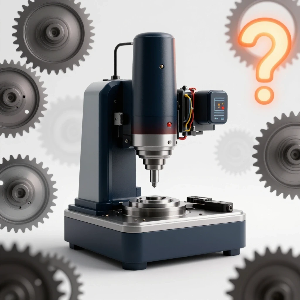 Close-up of a milling machine with gears and electrical components overlay and a glowing question mark for troubleshooting.