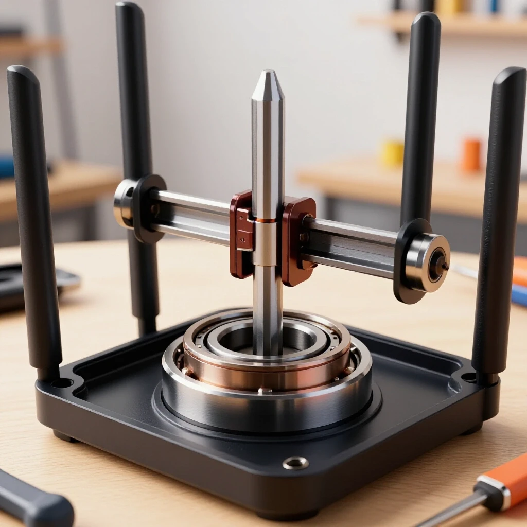 Close-up of an open router highlighting spindle bearings with a well-lit workshop in the background.