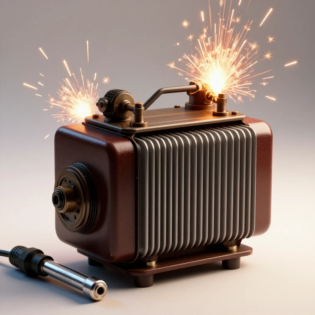 A close-up of a vintage welding transformer alongside a modern welding tool, with sparks flying in the background.