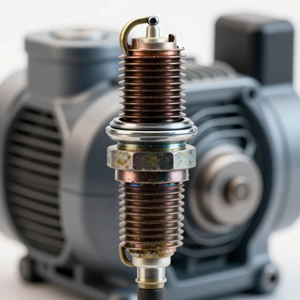 Close-up view of a worn spark plug with visible deposits, set against a blurred generator motor background.