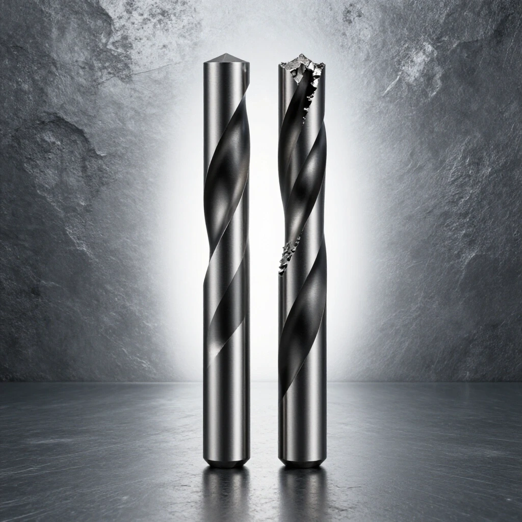 Close-up of tungsten carbide drill bits shining against rough steel, highlighting their contrast with a polished metal surface.