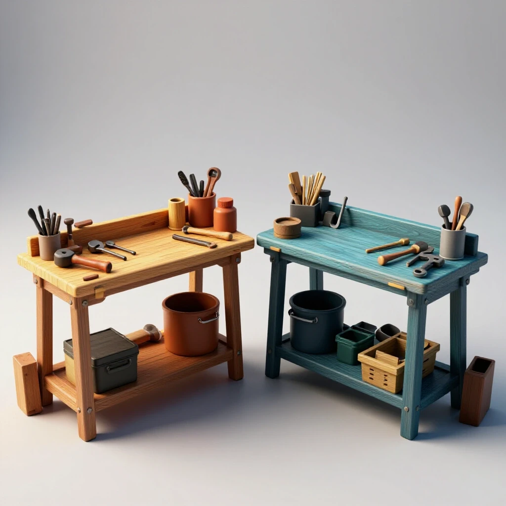 A vibrant visual of two workshop benches organized with tools in warm and cool tones, emphasizing dual functionality.