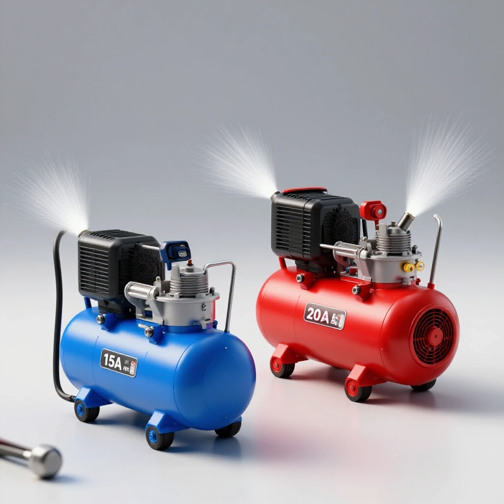 A vibrant 15A air compressor beside a robust 20A air compressor, showcasing their differences with dynamic elements and bright background.