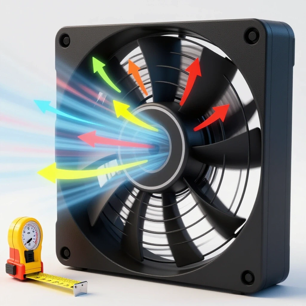 A vibrant 3D image showcasing airflow arrows from a fan, alongside a measuring tape and gauge, illustrating CFM ratings.
