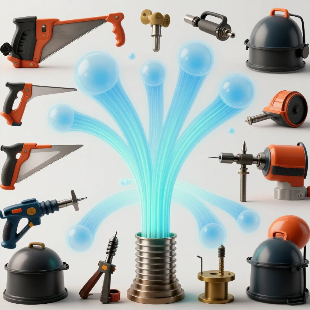 3D-rendered image of a metalworking workshop with tools and airflow diagram indicating CFM ratings.