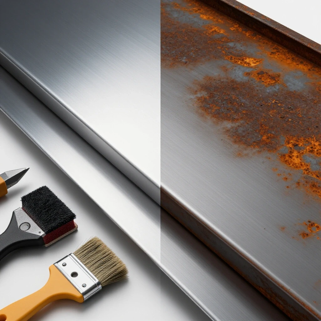 A polished metal surface contrasts with a rusty surface, tools for preparation displayed prominently in foreground.