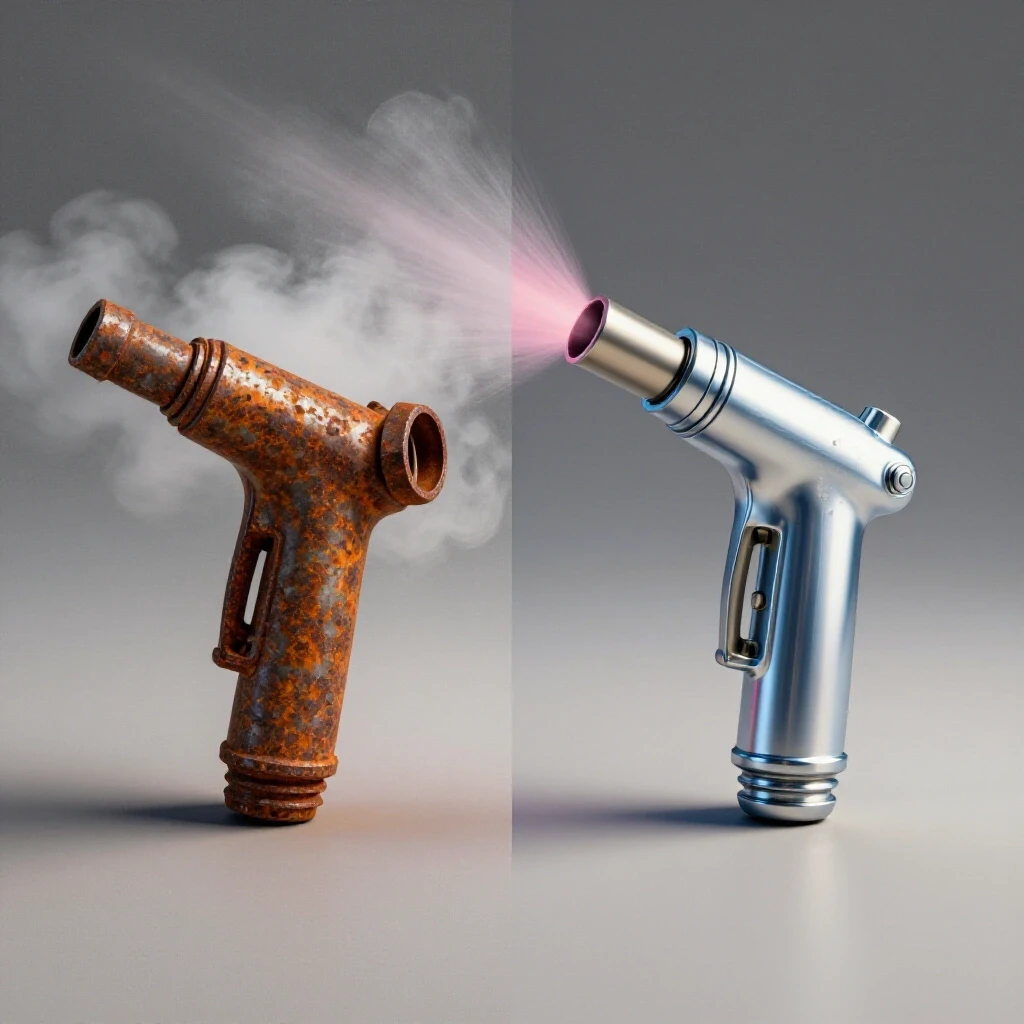 A split image showing a worn rusted nozzle on one side and a shiny pristine nozzle on the other, illustrating nozzle lifespan differences.