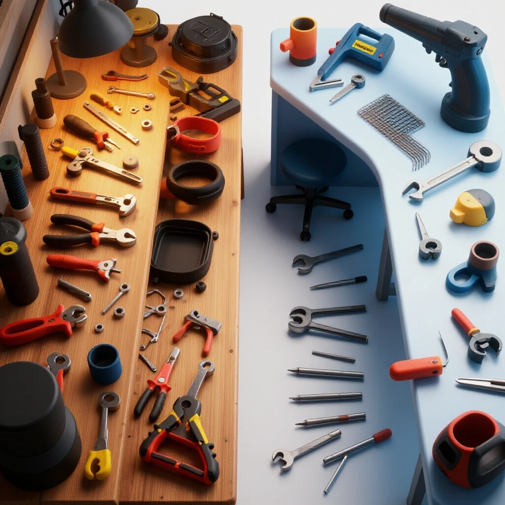 An organized fabrication workspace contrasted with a cluttered workbench, highlighting tool efficiency versus redundancy.
