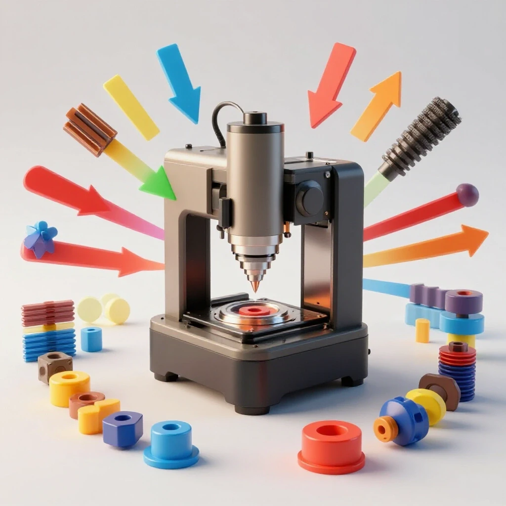 A mini milling machine surrounded by arrows depicting upgrades to enhance rigidity, vibrant colors contrasting with the dull machine.