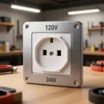 A comparison of a standard 120V outlet and a robust 240V outlet in a well-lit workshop backdrop filled with tools.