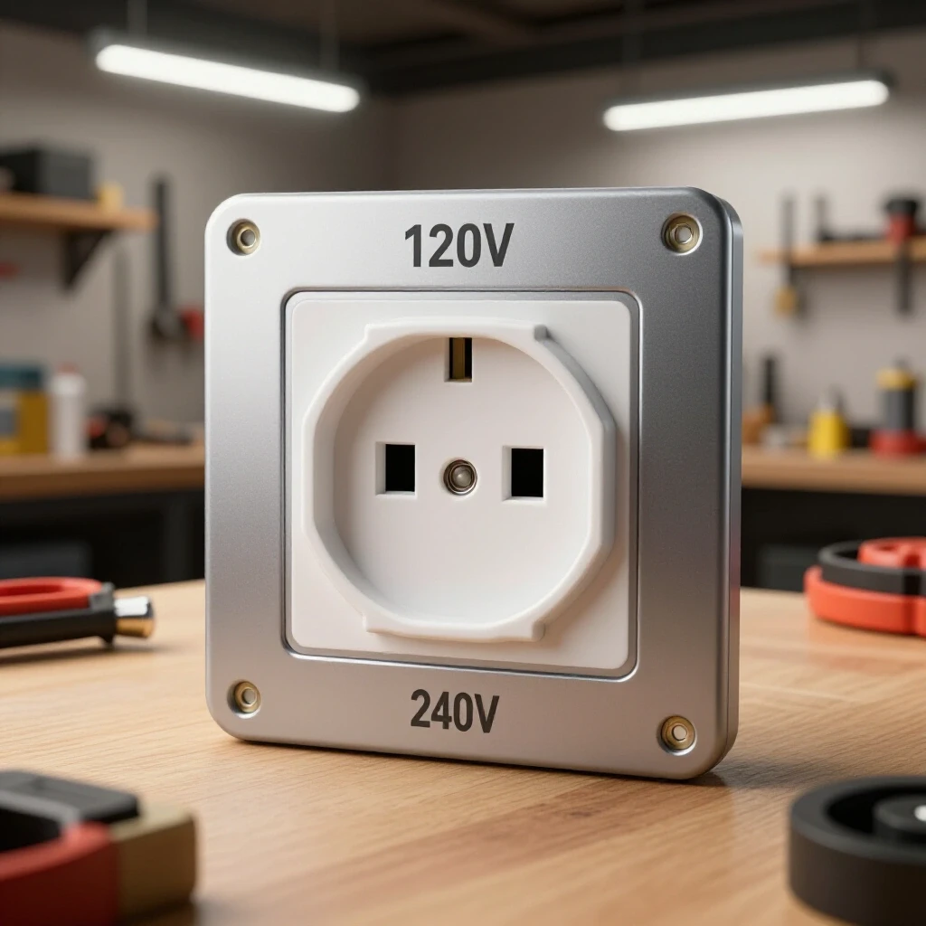 A comparison of a standard 120V outlet and a robust 240V outlet in a well-lit workshop backdrop filled with tools.