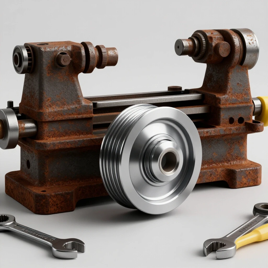 A vintage metal lathe juxtaposed with a modern motor pulley, surrounded by tools, showcasing a DIY upgrade.