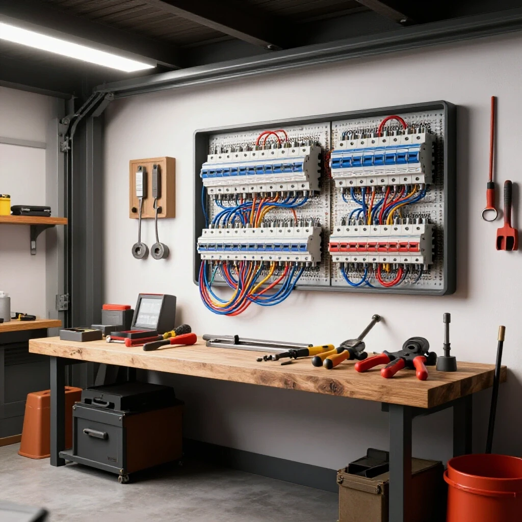 A transformative view of a garage workshop featuring modern electrical upgrades with vibrant cables and circuit breakers.
