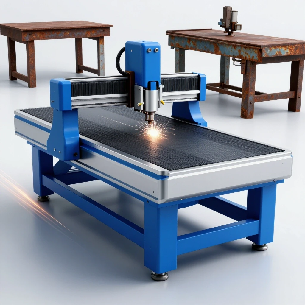 A modern CNC plasma table surrounded by sparks and motion lines, contrasted with an older rusted table in the background.