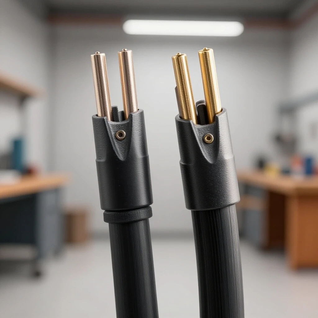 A close-up view of two welding cables of varying gauges, focusing on the thickness difference in a bright workshop setting.