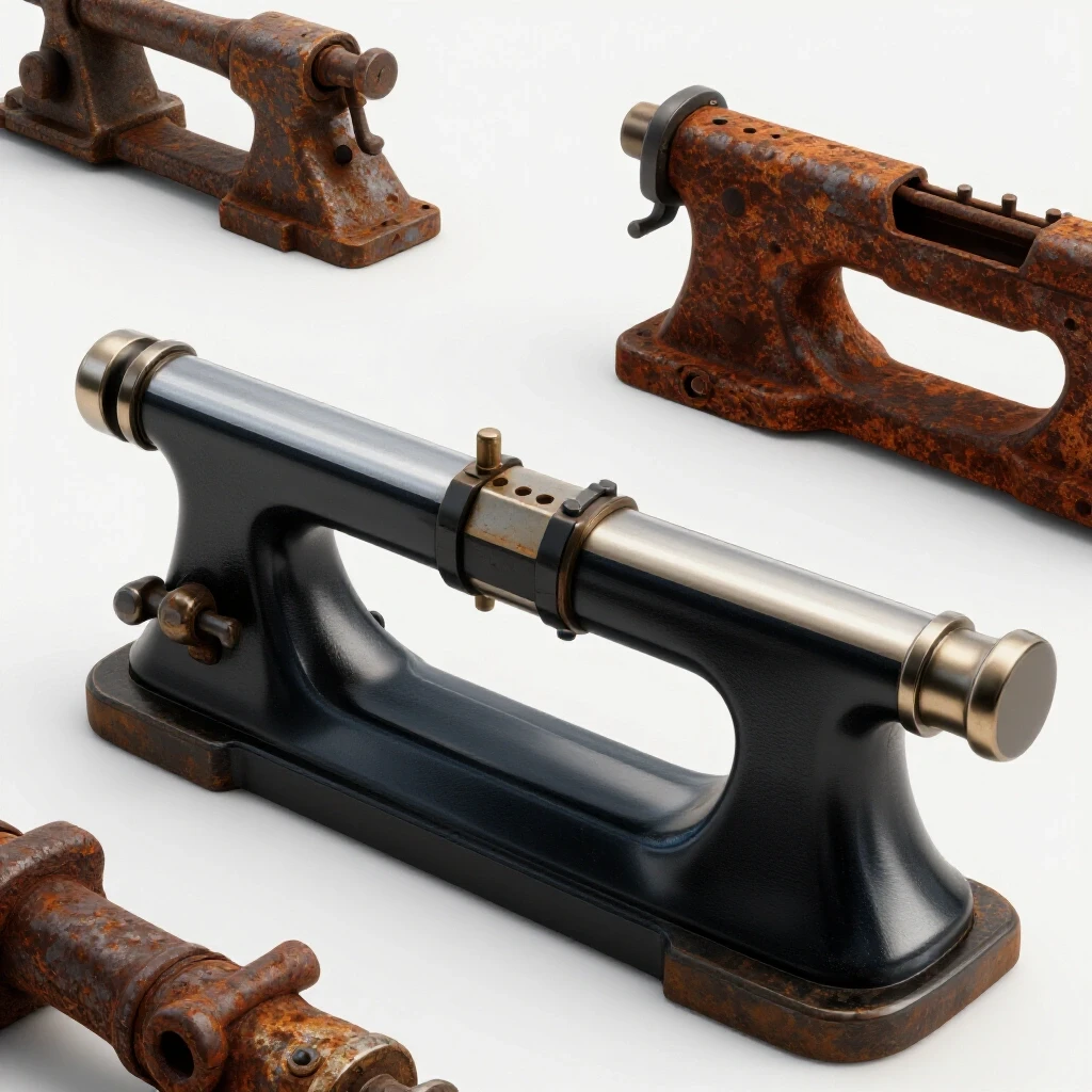 A shiny metalworking lathe contrasts with a rusty neglected lathe, showcasing quality differences in a bright setting.