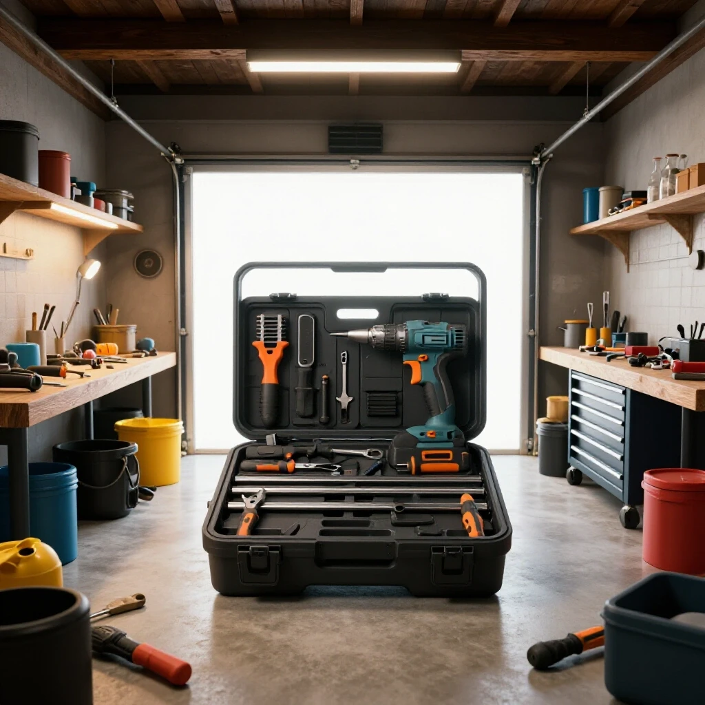 A side-by-side comparison of an outdated garage workshop juxtaposed with a modern, organized workspace filled with advanced tools.
