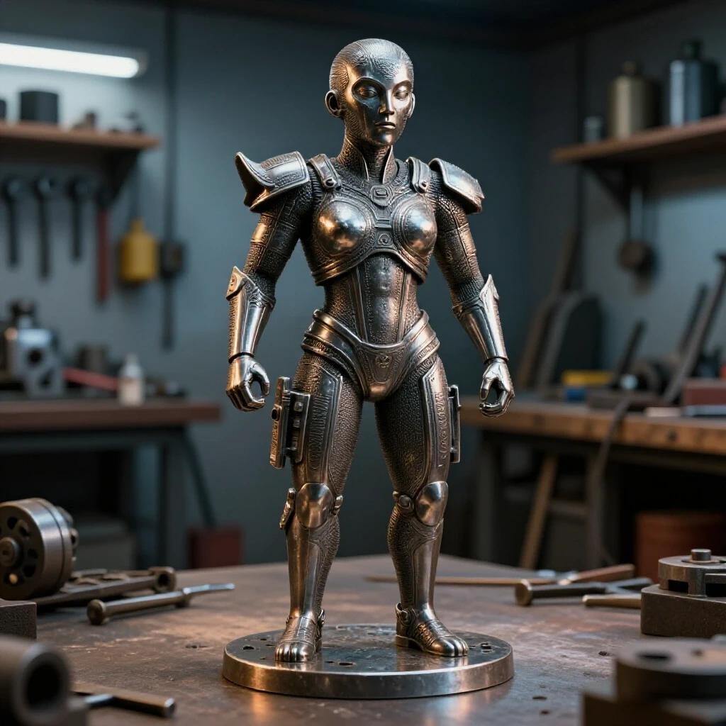 A finely crafted metal sculpture stands out against a cluttered welding workshop background, highlighting artistry and chaos.