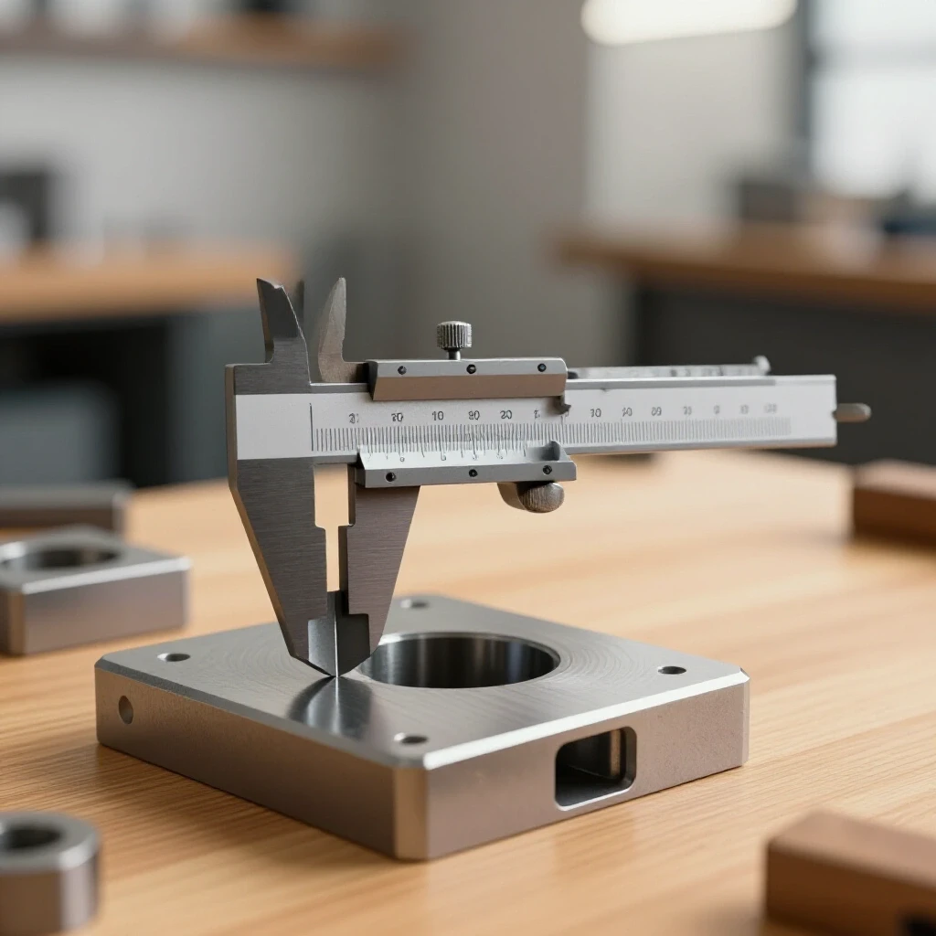 Close-up of a caliper and square tool on a warm wood surface next to a partially assembled metal part in a bright workshop.