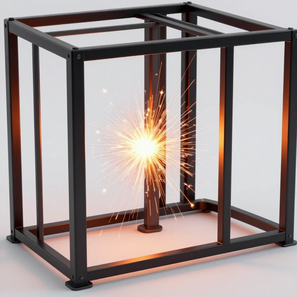 A polished metal frame being vertically welded, showcasing bright sparks against a clean backdrop, illustrating strength.