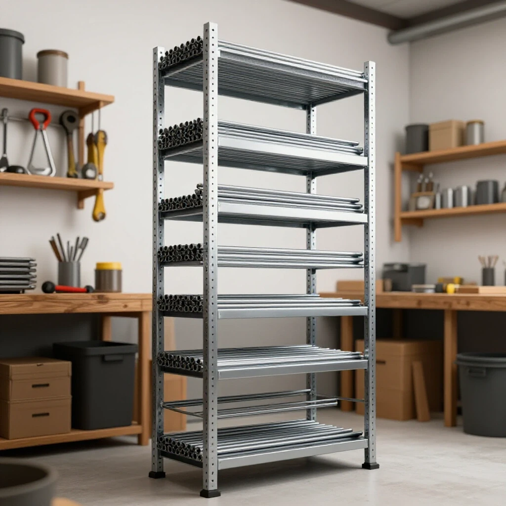 A vertical steel bar stock storage rack in a bright workshop, showcasing functionality with contrasting colors.