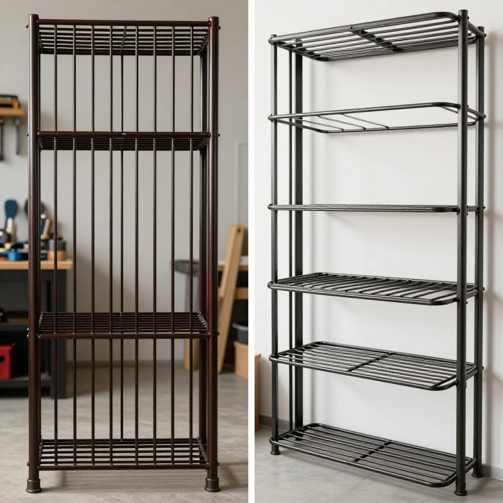 Comparison of vertical and horizontal steel rack storage methods in a bright industrial setting.
