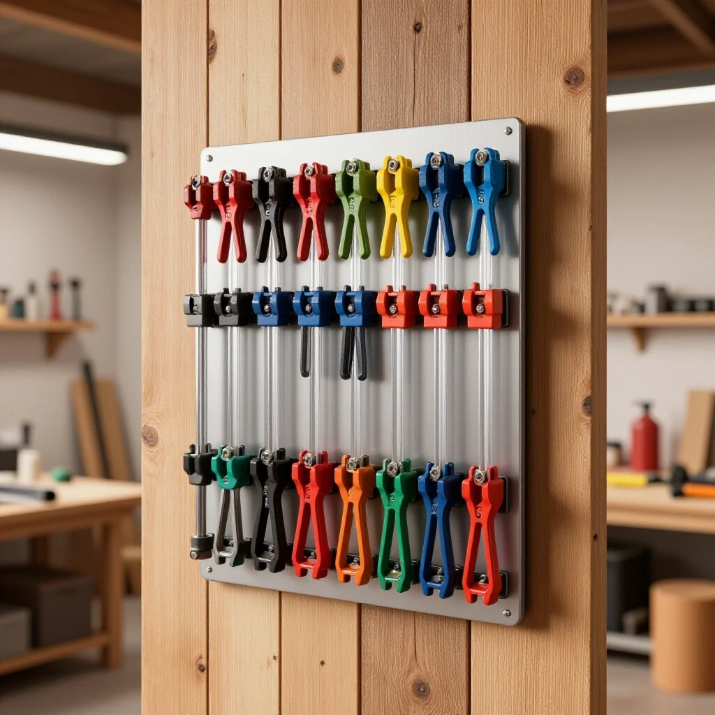 A vertical wall holder filled with colorful bar clamps against a rustic workshop background.