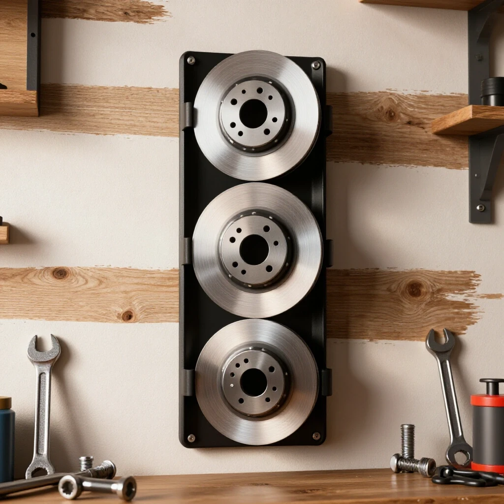 A polished vertical wall holder displaying shiny brake rotors in a well-lit rustic workshop