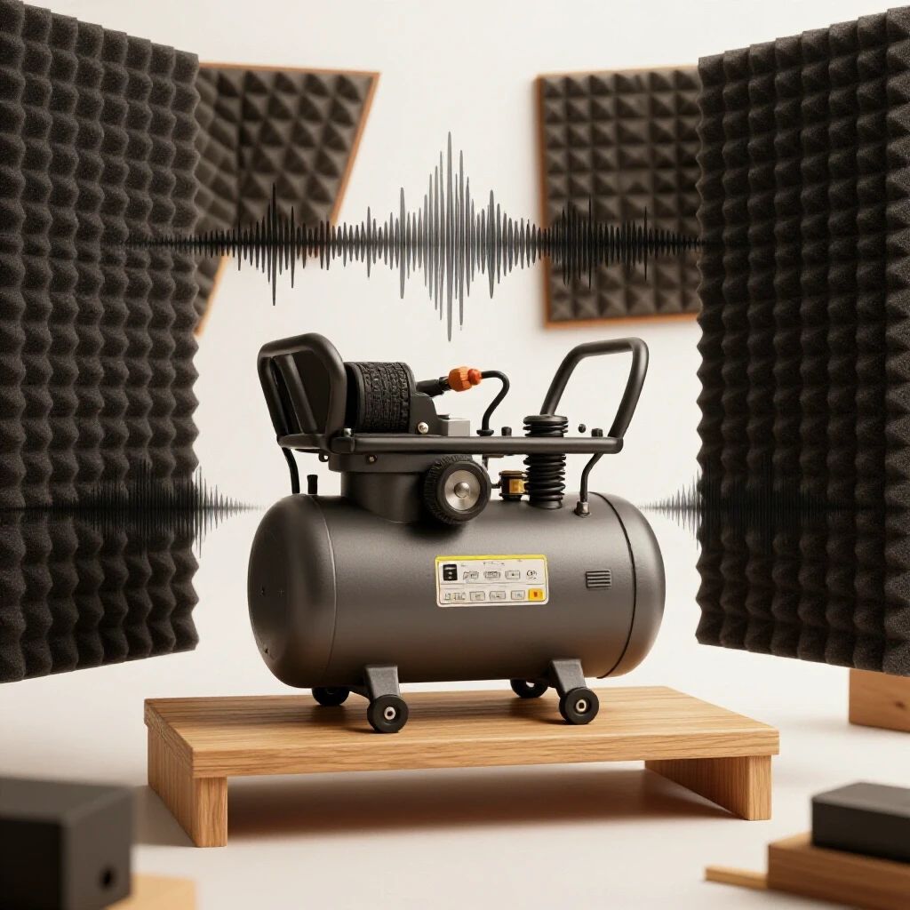 A vibration dampening compressor shelf in a well-lit workshop, showcasing sound absorbing layers and rich textures.