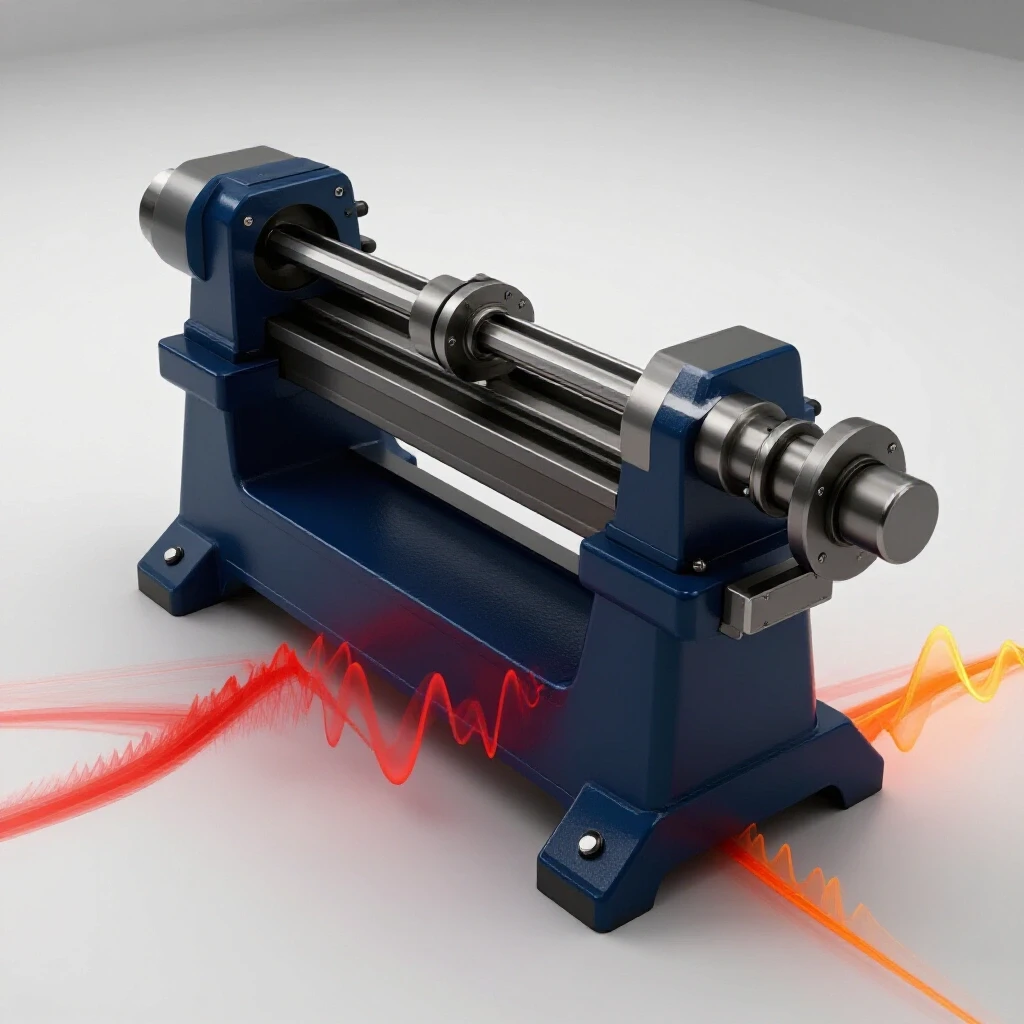 A high-quality image of a stable lathe stand juxtaposed with colorful vibration waves, illustrating effective vibration dampening.