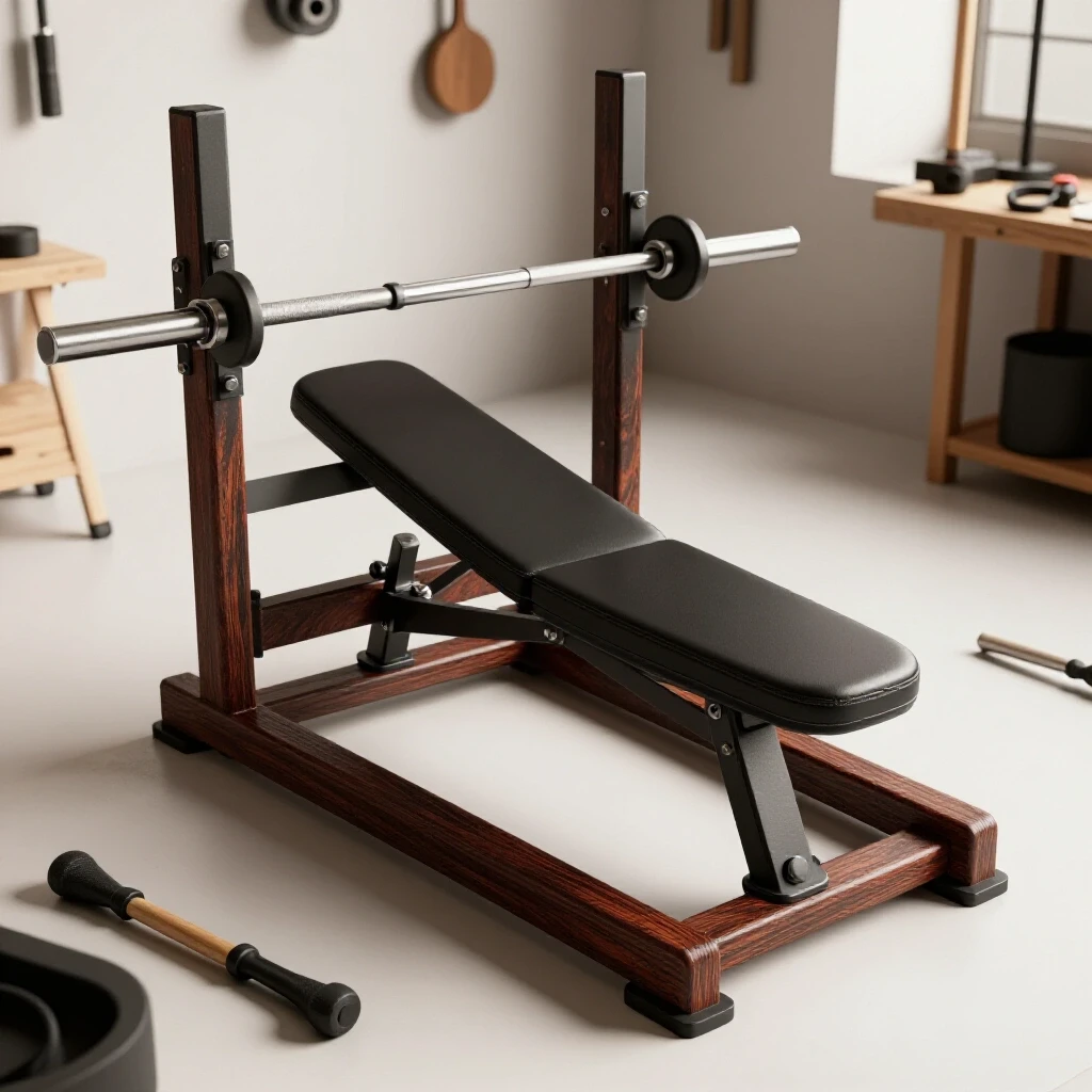 Vintage bench press in a bright workshop with modern tools, highlighting stability and contrast.