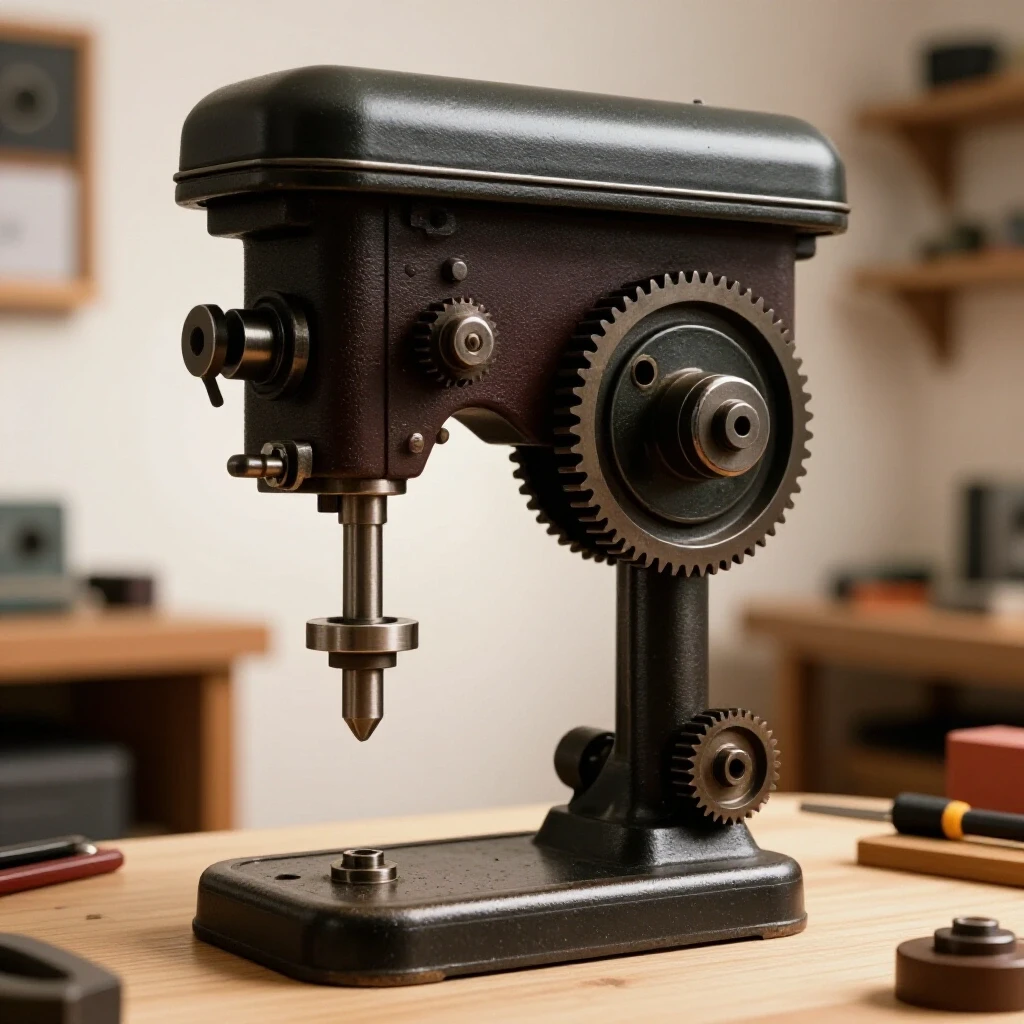Close-up of a vintage drill press quill assembly highlighting intricate gears against a backdrop of modern tools.