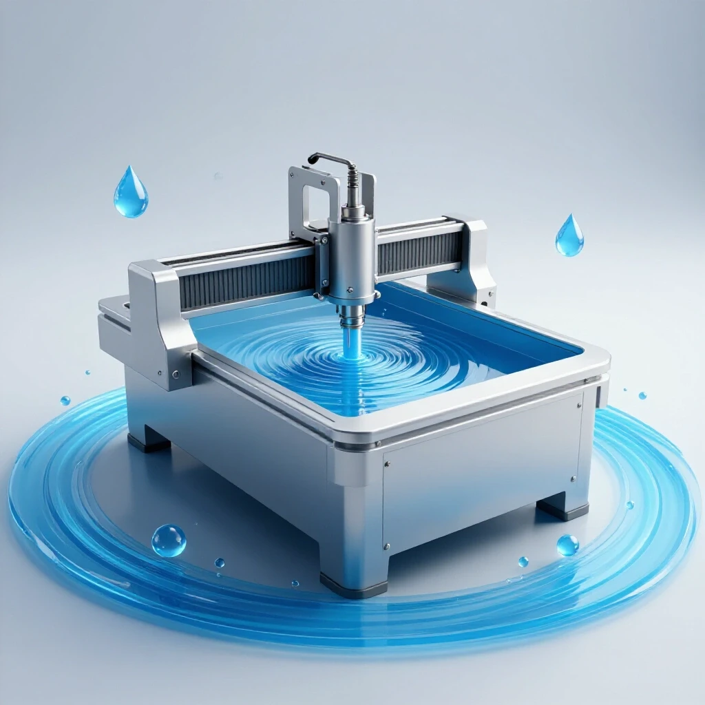 A CNC plasma water table surrounded by vibrant water droplets, showcasing advanced filtration systems.