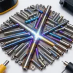Close-up view of vibrant stainless steel weld beads showing a spectrum of blue, purple, and gold colors against a bright background.